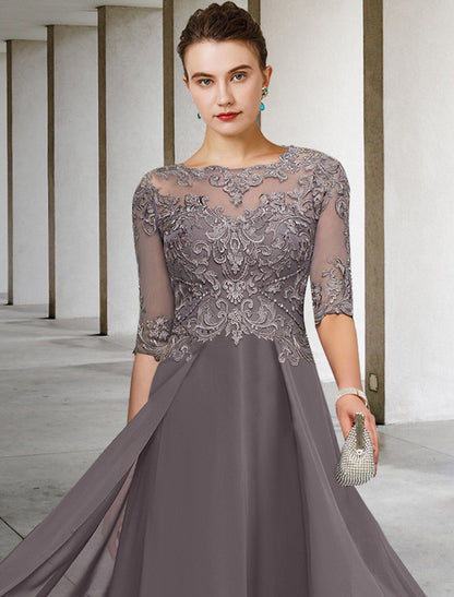 A-Line Mother of the Bride Dress Formal Wedding Guest Elegant Scoop Neck Asymmetrical Ankle Length Chiffon Lace Half Sleeve No with Beading Appliques by YiHuiw