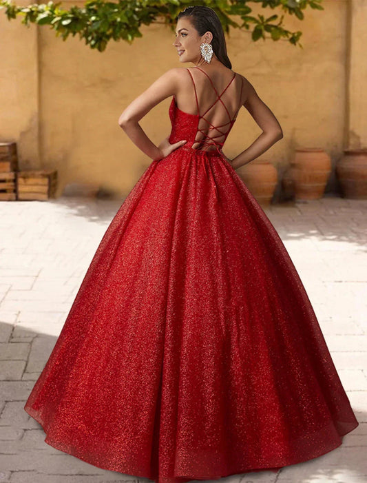 Ball Gown Quinceanera Dresses Sparkle & Shine Dress Sweet 16 Floor Length Sleeveless Spaghetti Strap Tulle with Glitter Criss Cross Pleats by YiHuiw