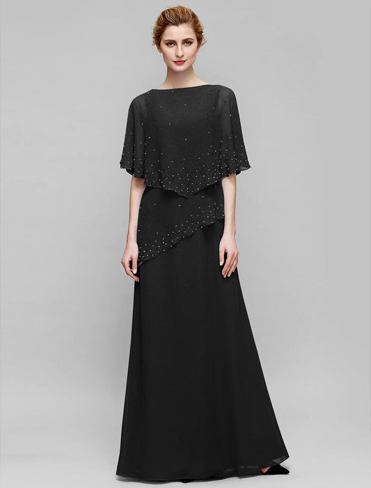 Sheath / Column Mother of the Bride Dress Elegant Bateau Neck Floor Length Chiffon Sleeveless with Beading by YiHuiw