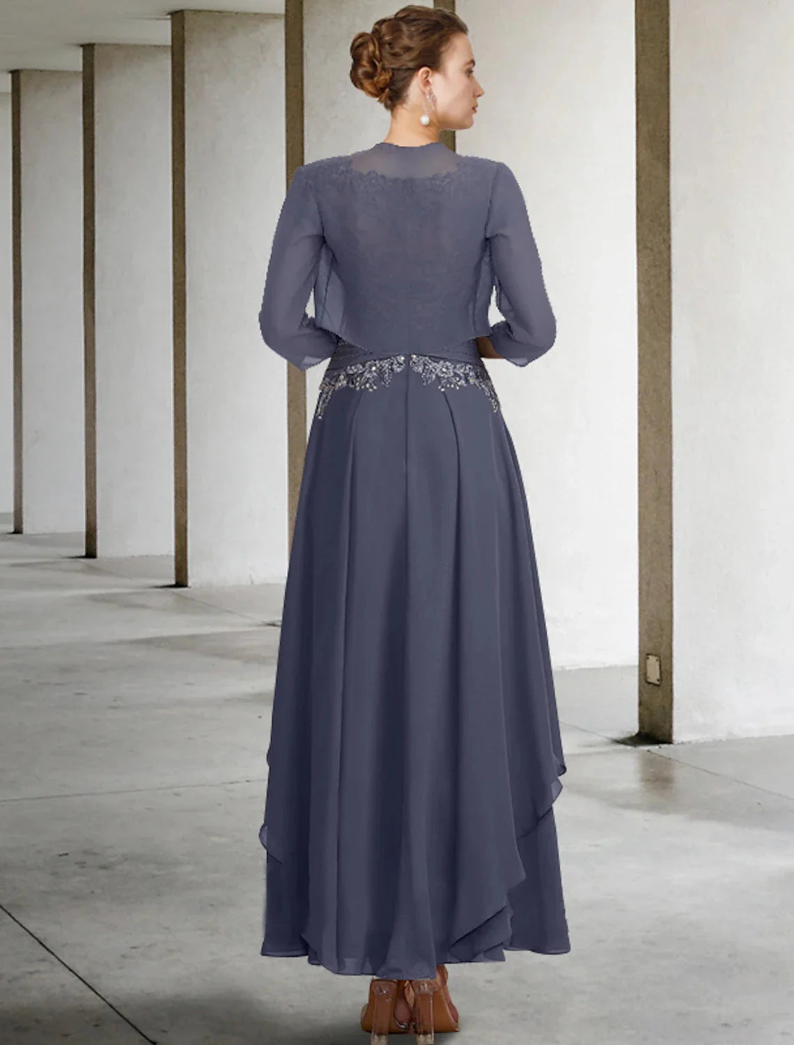 Two Piece A-Line Plus Size Curve Mother of the Bride Dress Wedding Guest Elegant Jewel Neck Ankle Length Chiffon Lace Short Sleeve Fall Wrap Included with Ruched Appliques by YiHuiw