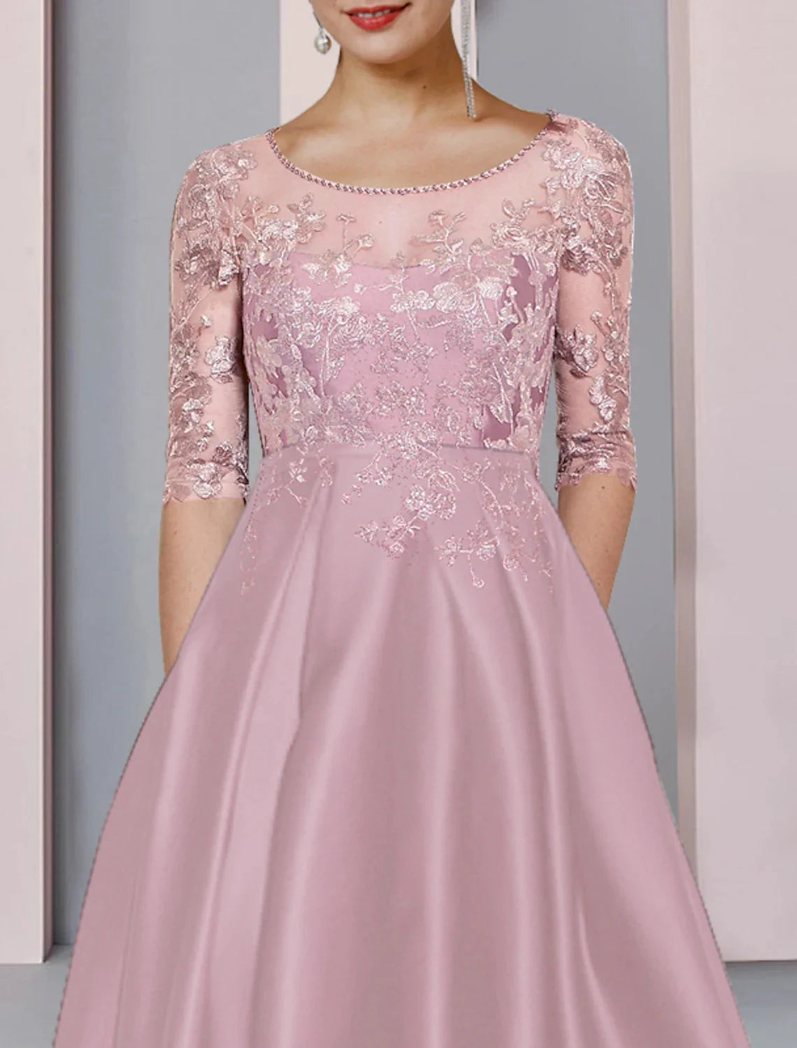 A-Line Mother of the Bride Dress Formal Wedding Guest Party Elegant High Low Scoop Neck Asymmetrical Tea Length Satin Lace Half Sleeve with Pleats Beading Appliques by YiHuiw