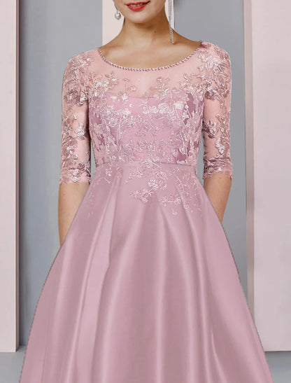 A-Line Mother of the Bride Dress Formal Wedding Guest Party Elegant High Low Scoop Neck Asymmetrical Tea Length Satin Lace Half Sleeve with Pleats Beading Appliques by YiHuiw