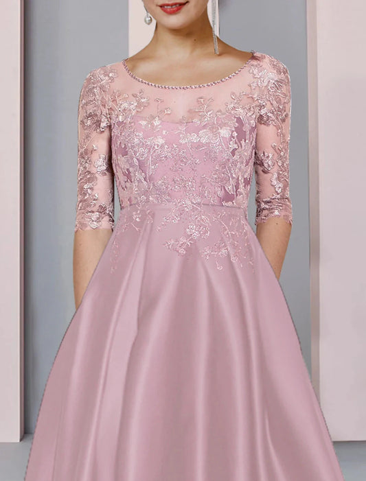 A-Line Mother of the Bride Dress Formal Wedding Guest Party Elegant High Low Scoop Neck Asymmetrical Tea Length Satin Lace Half Sleeve with Pleats Beading Appliques by YiHuiw