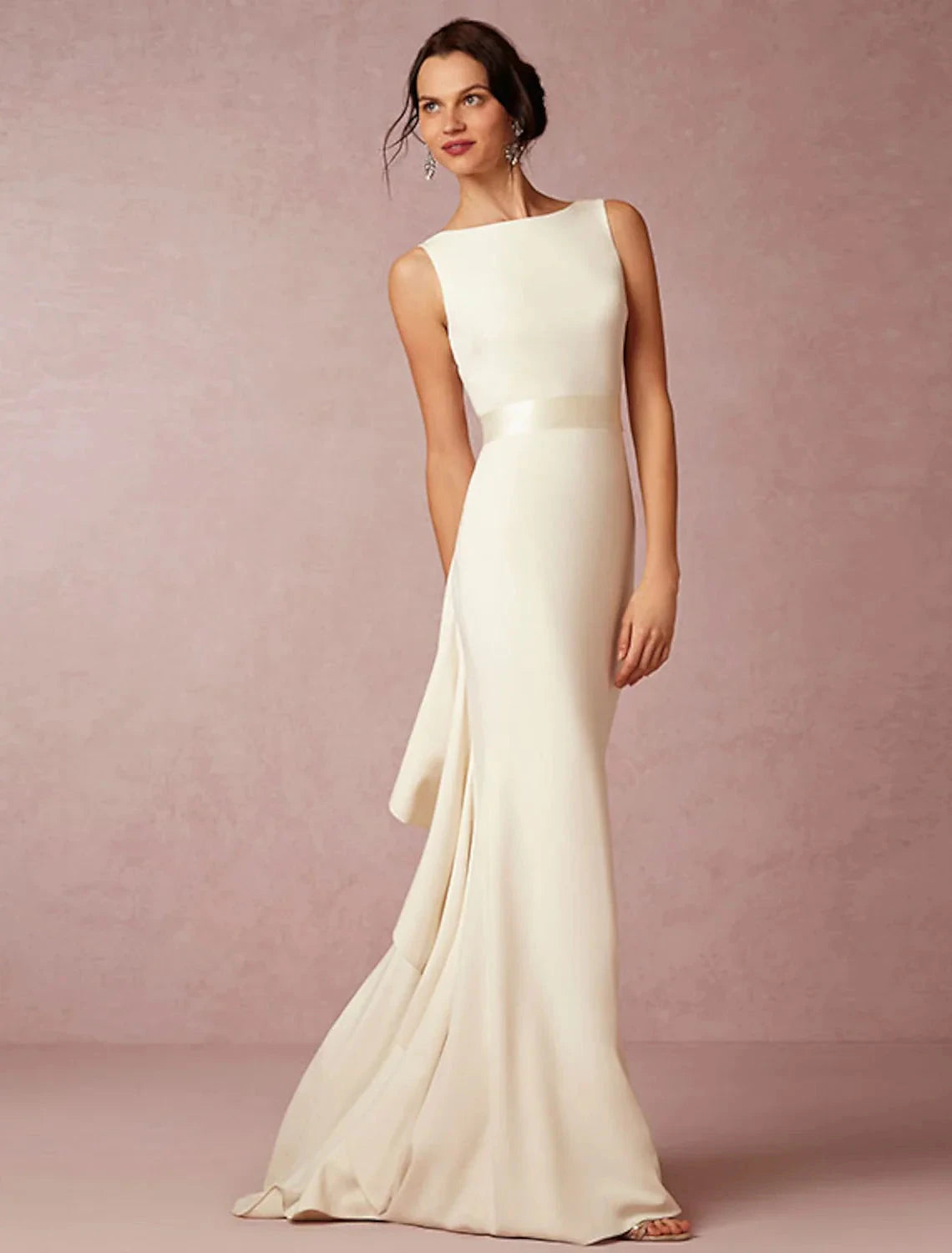 Hall Open Back Casual Wedding Dresses Sheath / Column Scoop Neck Sleeveless Sweep / Brush Train Fabric Bridal Gowns With Draping Summer Fall Wedding Party Women's Clothing by YiHuiw