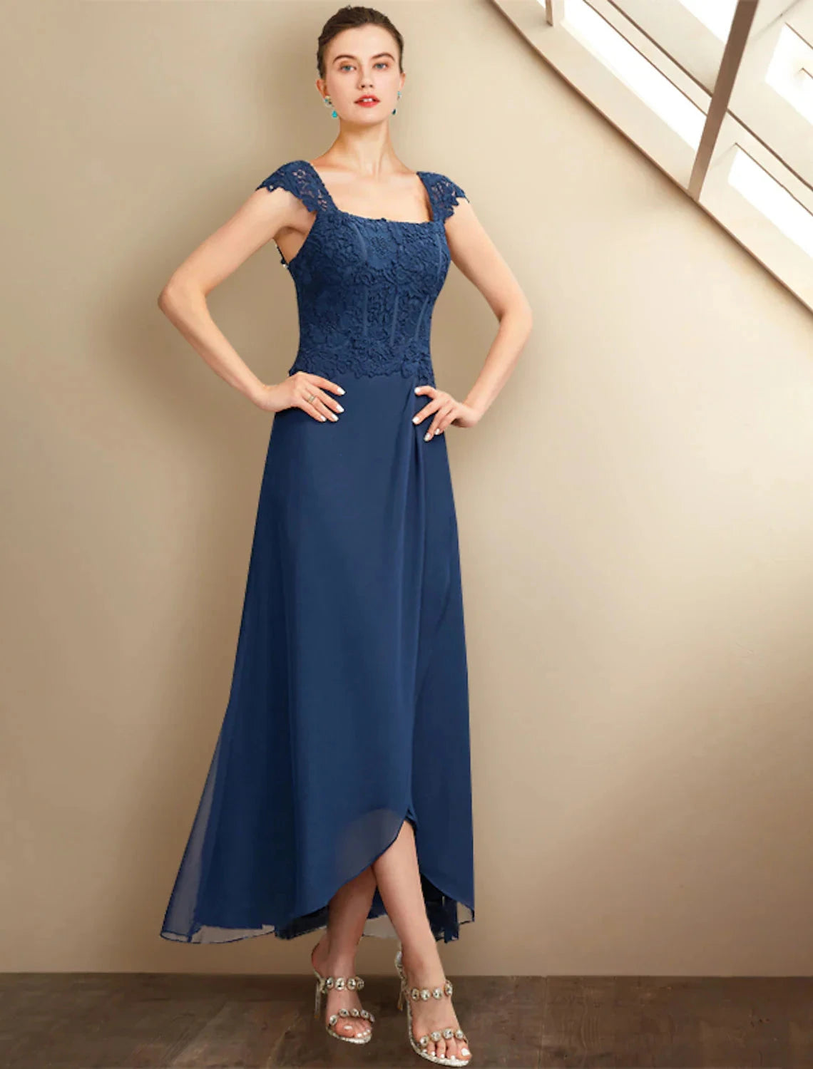 Two Piece A-Line Mother of the Bride Dress Church Plus Size Elegant High Low Square Neck Asymmetrical Tea Length Chiffon Lace Short Sleeve Wrap Included with Appliques by YiHuiw