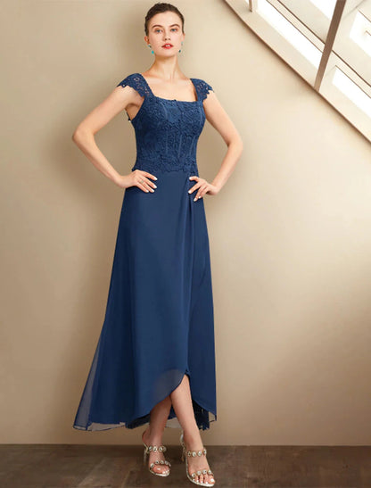Two Piece A-Line Mother of the Bride Dress Church Plus Size Elegant High Low Square Neck Asymmetrical Tea Length Chiffon Lace Short Sleeve Wrap Included with Appliques by YiHuiw