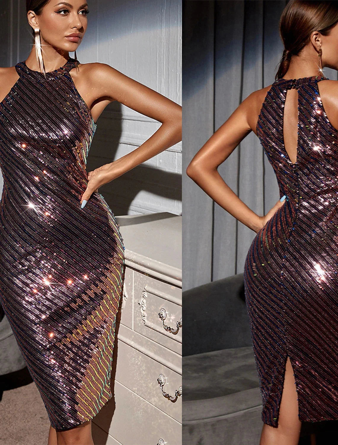 Sheath / Column Prom Dresses Sexy Dress Valentine's Day Tea Length Sleeveless Jewel Neck Sequined Backless with Sequin by YiHuiw