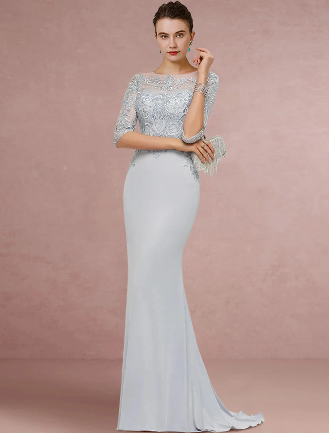 Sheath / Column Mother of the Bride Dress Wedding Guest Vintage Elegant Scoop Neck Sweep / Brush Train Chiffon Lace Half Sleeve with Sequin by YiHuiw