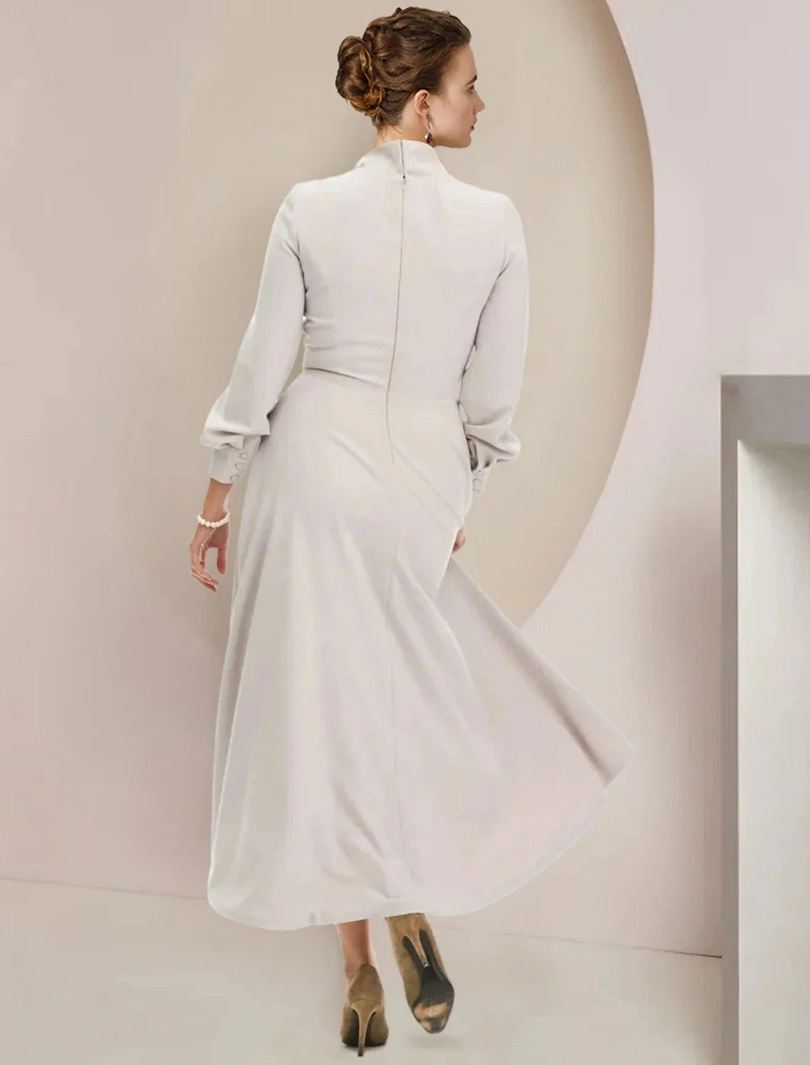 A-Line Mother of the Bride Dress Formal Wedding Guest Party Elegant High Neck Asymmetrical Tea Length Chiffon Long Sleeve with Bow(s) by YiHuiw