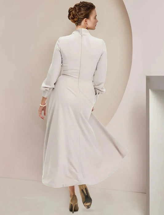 A-Line Mother of the Bride Dress Formal Wedding Guest Party Elegant High Neck Asymmetrical Tea Length Chiffon Long Sleeve with Bow(s) by YiHuiw