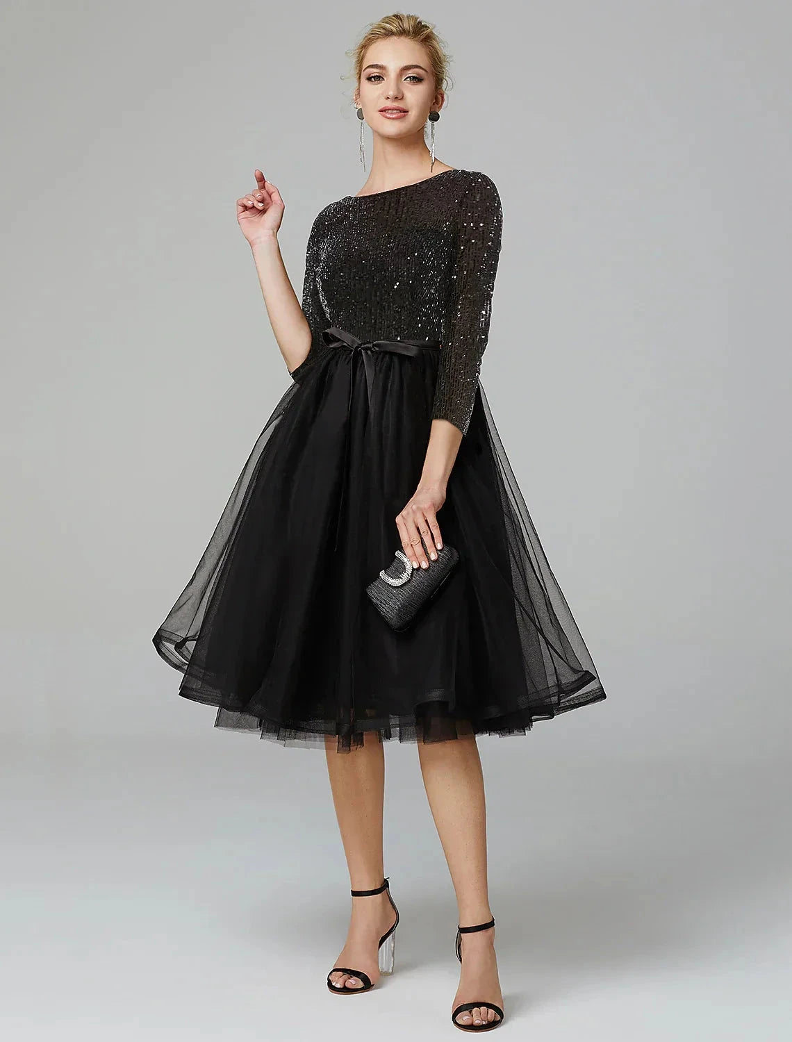 A-Line Cocktail Dresses Sparkle & Shine Dress Formal Tea Length 3/4 Length Sleeve Jewel Neck Fall Wedding Guest Tulle with Sequin Strappy by YiHuiw