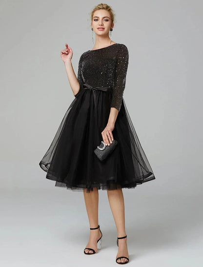 A-Line Cocktail Dresses Sparkle & Shine Dress Formal Tea Length 3/4 Length Sleeve Jewel Neck Fall Wedding Guest Tulle with Sequin Strappy by YiHuiw