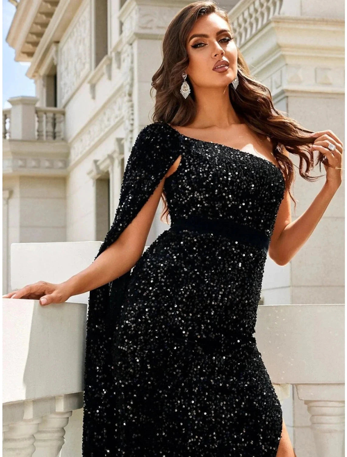 Mermaid / Trumpet Evening Gown Black Elegant Dress Formal Ankle Length Sleeveless One Shoulder Sequined with Glitter Slit by YiHuiw