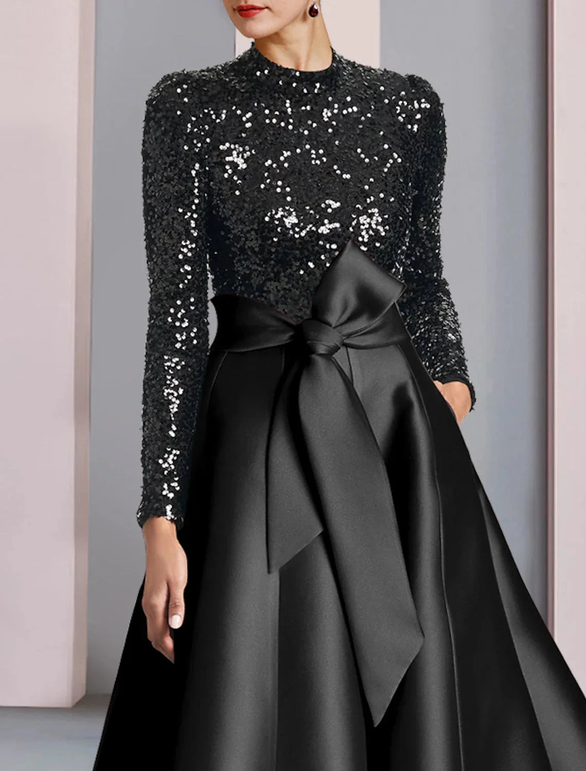 A-Line Mother of the Bride Dress Wedding Guest Elegant Sparkle & Shine High Neck Tea Length Satin Sequined Long Sleeve with Bow(s) Pleats by YiHuiw