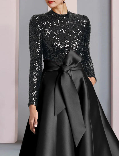 A-Line Mother of the Bride Dress Wedding Guest Elegant Sparkle & Shine High Neck Tea Length Satin Sequined Long Sleeve with Bow(s) Pleats by YiHuiw