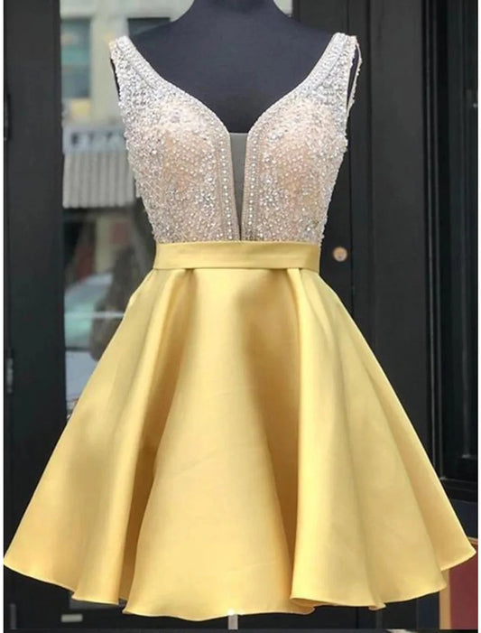 A-Line Homecoming Dresses Sparkle & Shine Dress Holiday Graduation Short / Mini Sleeveless V Neck Satin with Beading by YiHuiw