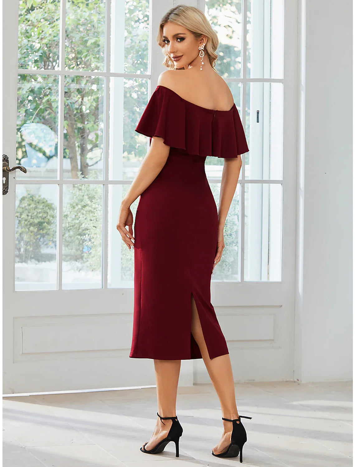 Sheath / Column Wedding Guest Dresses Minimalist Dress Party Wear Wedding Party Tea Length Short Sleeve Off Shoulder Bridesmaid Dress  Fabric with Slit Pure Color