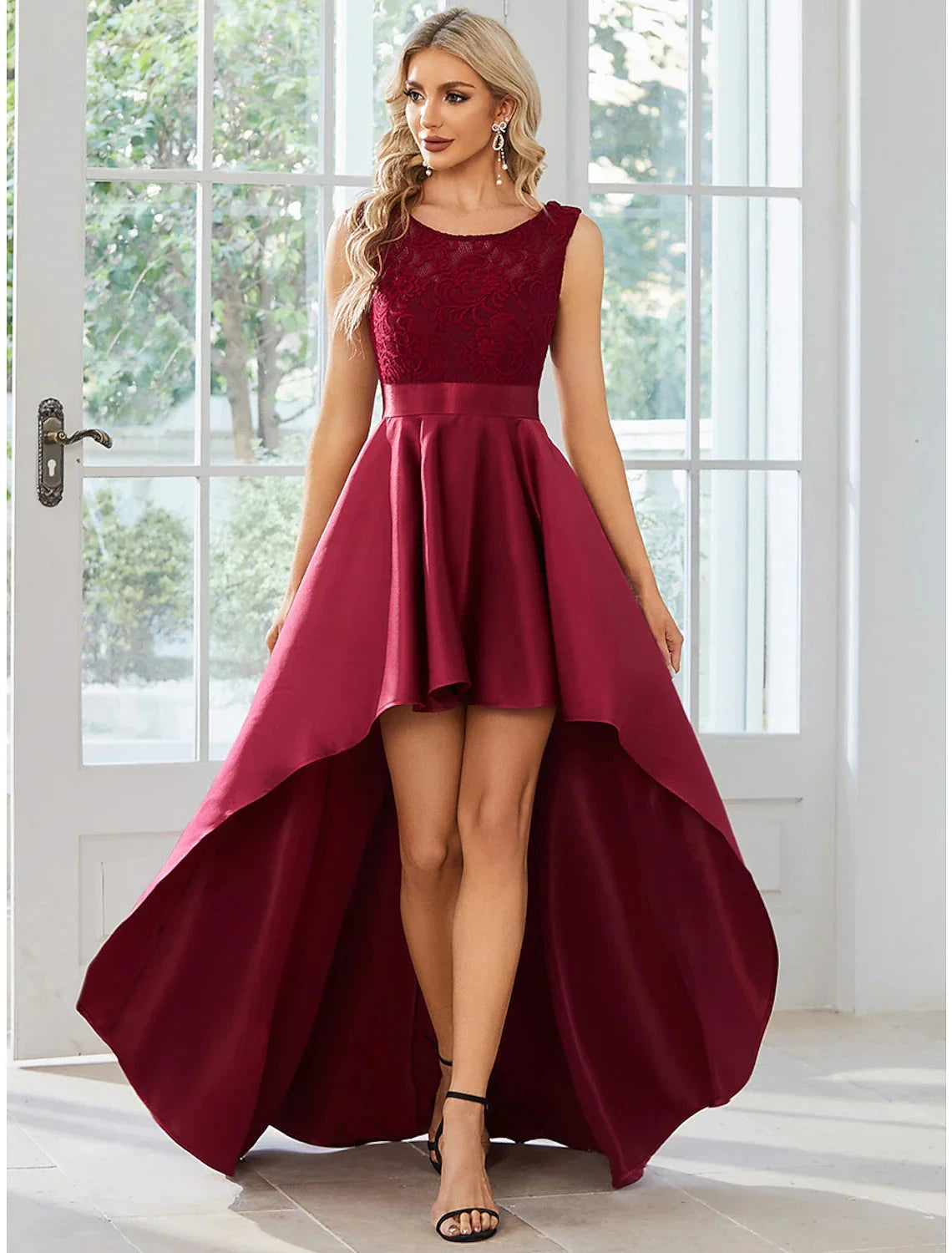 A-Line Wedding Guest Dresses Casual Dress Party Wear Asymmetrical Sleeveless Jewel Neck Satin with Pure Color by YiHuiw