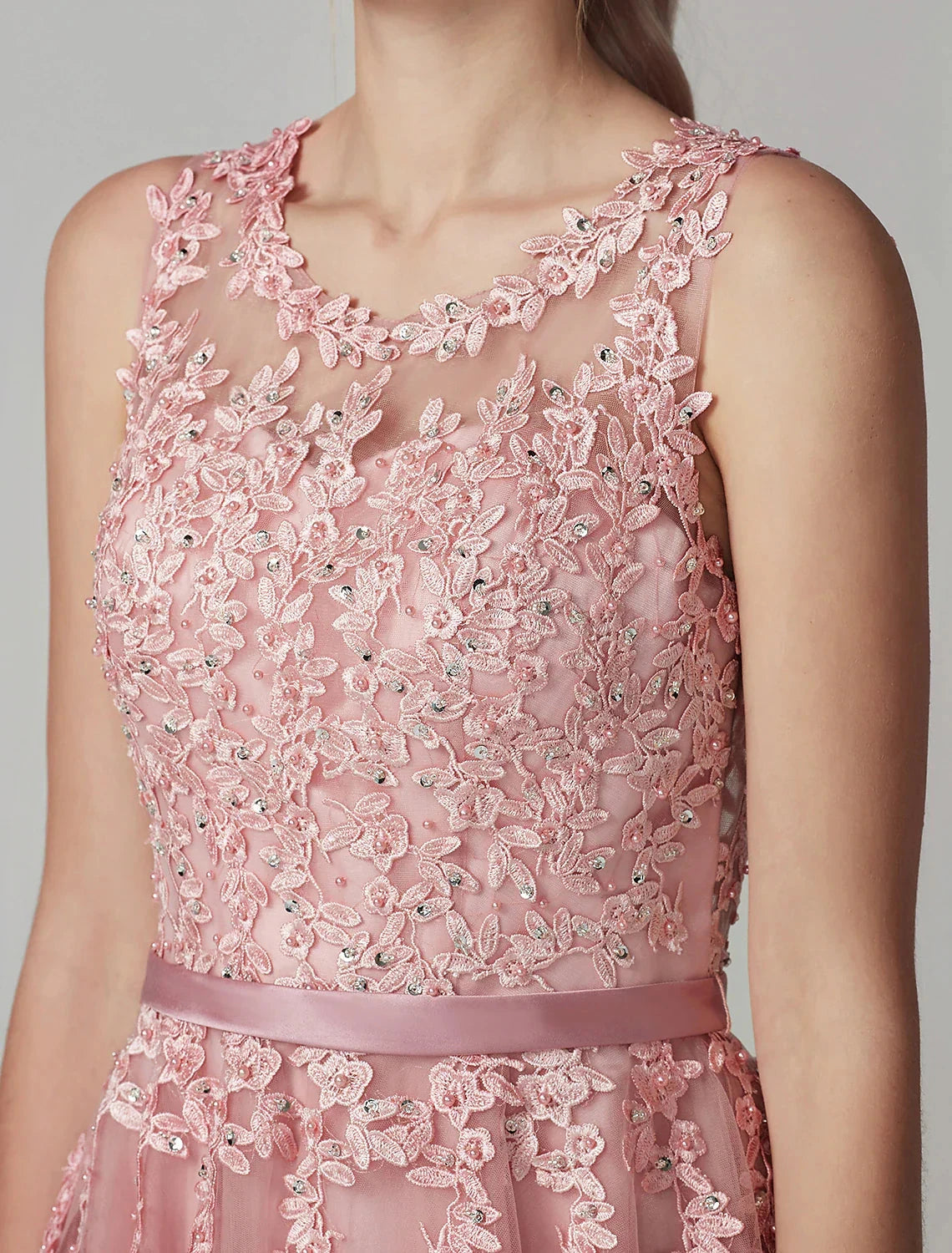 A-Line Cute Dress Cocktail Party Prom Knee Length Sleeveless Illusion Neck Tulle Over Lace with Beading Appliques by YiHuiw