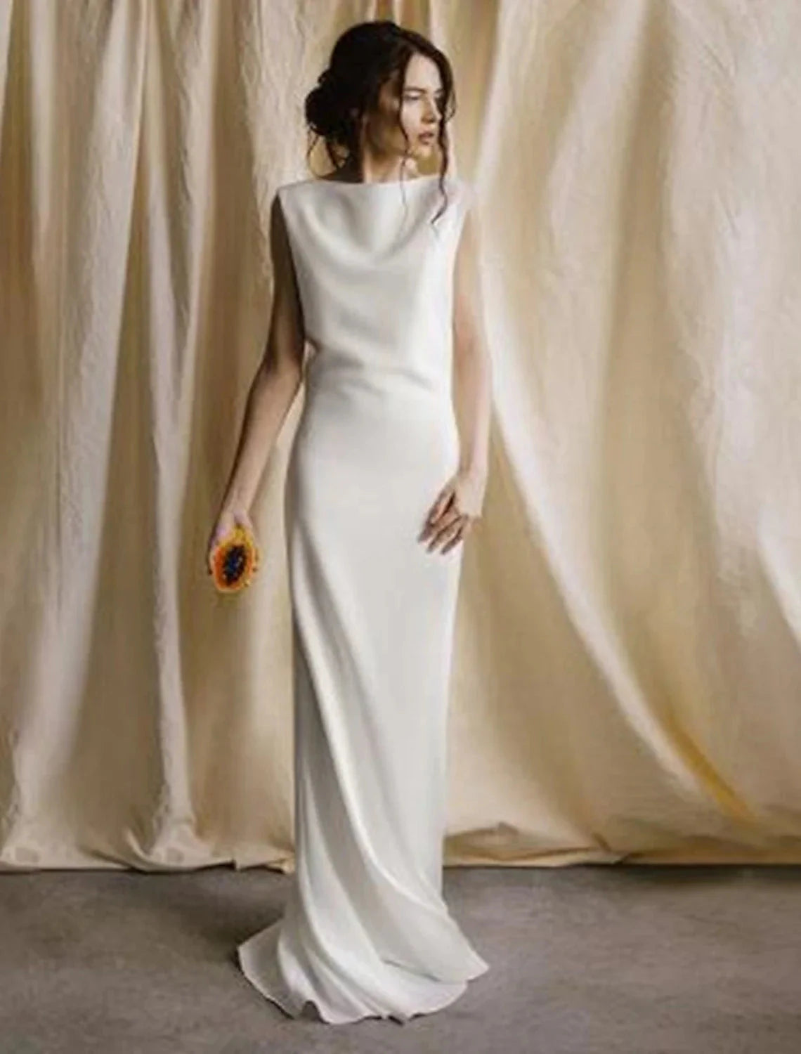 Reception Open Back Casual Wedding Dresses Sheath / Column Scoop Neck Sleeveless Sweep / Brush Train Satin Bridal Gowns With Solid Color Summer Fall Wedding Party Women's Clothing by YiHuiw
