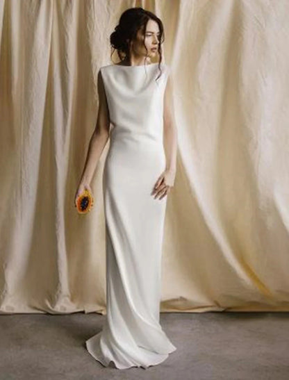 Reception Open Back Casual Wedding Dresses Sheath / Column Scoop Neck Sleeveless Sweep / Brush Train Satin Bridal Gowns With Solid Color Summer Fall Wedding Party Women's Clothing by YiHuiw