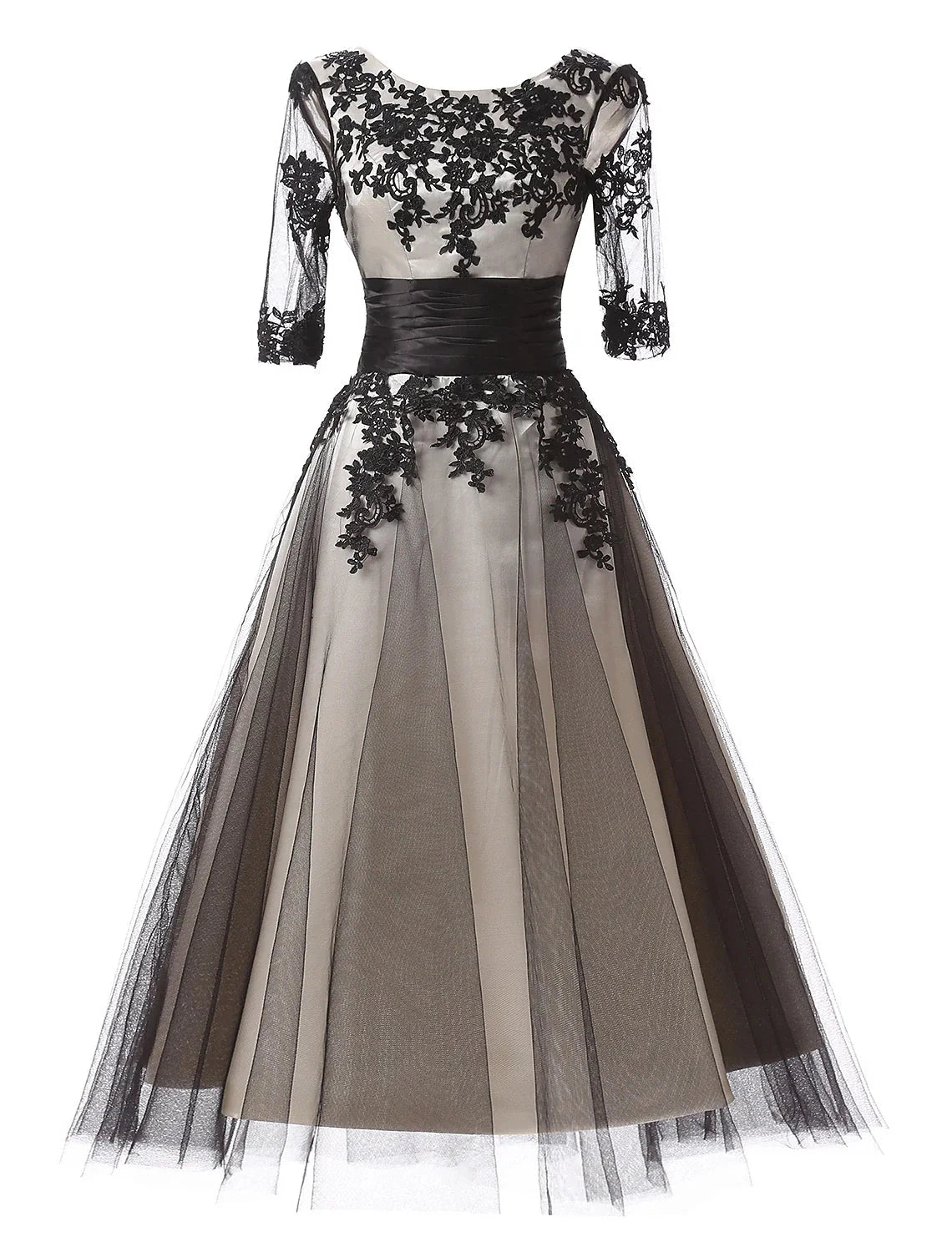 Ball Gown Evening Gown Color Block Dress Formal Evening Ankle Length Half Sleeve Jewel Neck Fall Wedding Guest Lace with Lace Insert Appliques by YiHuiw