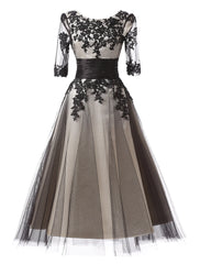 Ball Gown Evening Gown Color Block Dress Formal Evening Ankle Length Half Sleeve Jewel Neck Fall Wedding Guest Lace with Lace Insert Appliques