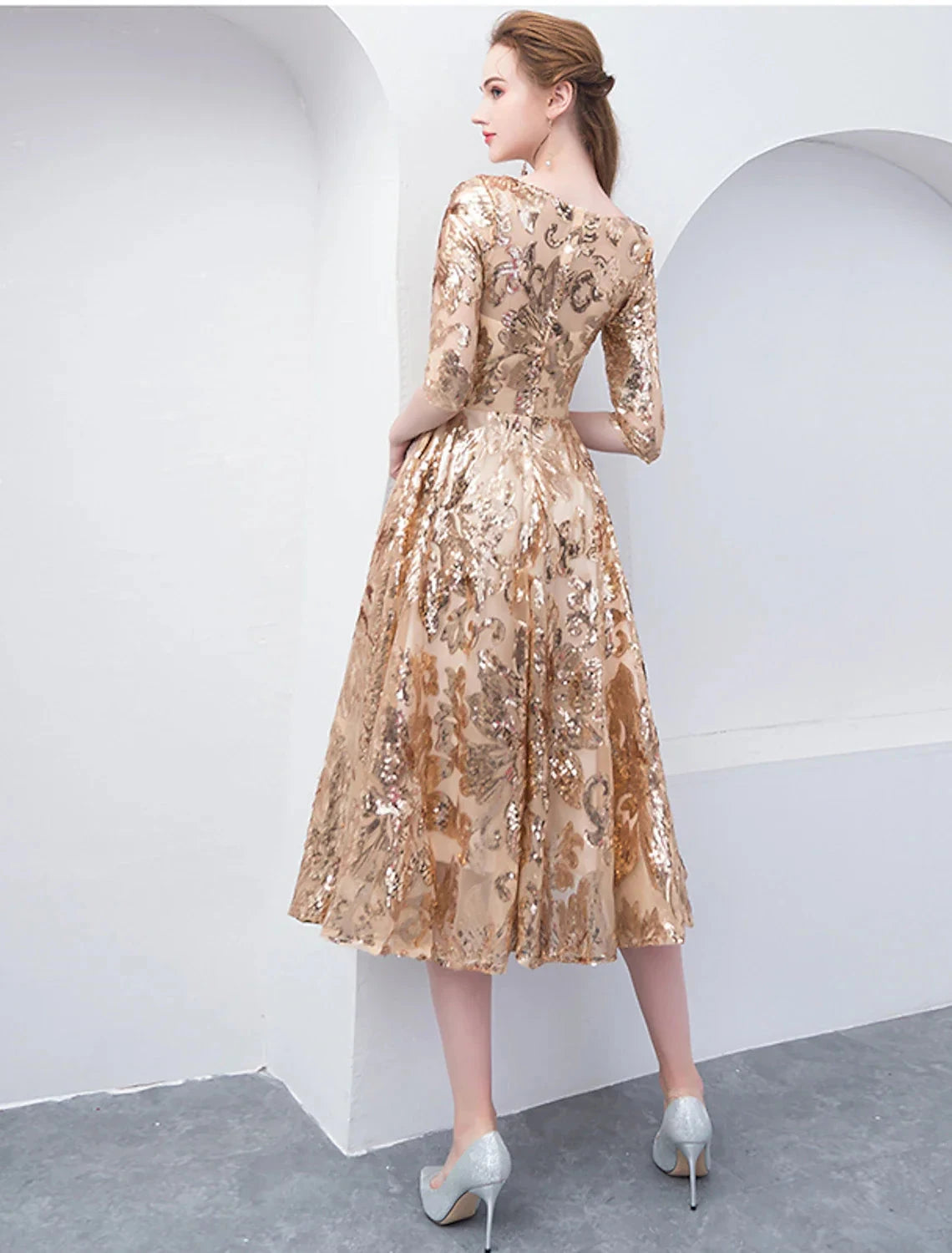 A-Line Cocktail Dresses Party Dress Holiday Wedding Guest Tea Length Half Sleeve Jewel Neck Sequined with by YiHuiw