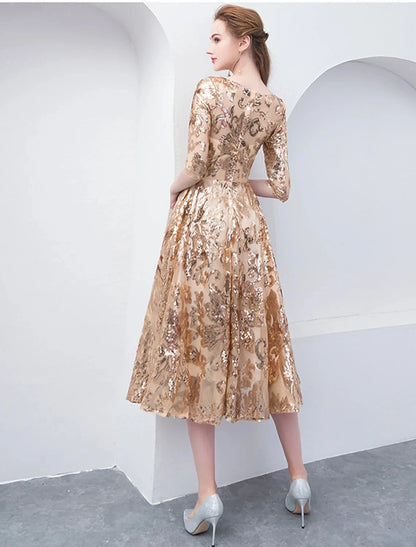 A-Line Cocktail Dresses Party Dress Holiday Wedding Guest Tea Length Half Sleeve Jewel Neck Sequined with by YiHuiw