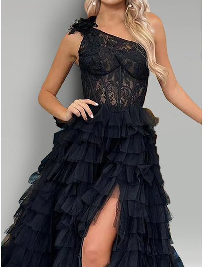 A-Line Evening Gown Floral Dress Wedding Party Sweep / Brush Train Sleeveless One Shoulder Lace with Slit Appliques by YiHuiw