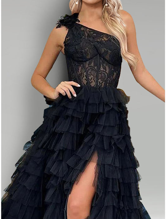 A-Line Evening Gown Floral Dress Wedding Party Sweep / Brush Train Sleeveless One Shoulder Lace with Slit Appliques by YiHuiw