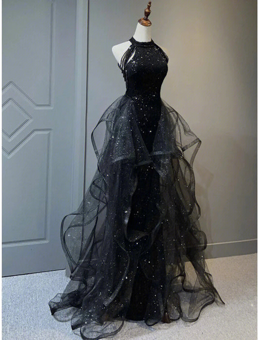 A-Line Prom Black Dress Vintage Dress Wedding Party Birthday Sweep / Brush Train Sleeveless Halter Neck Wednesday Addams Family Sequined with Crystals Sequin Ruffles by YiHuiw