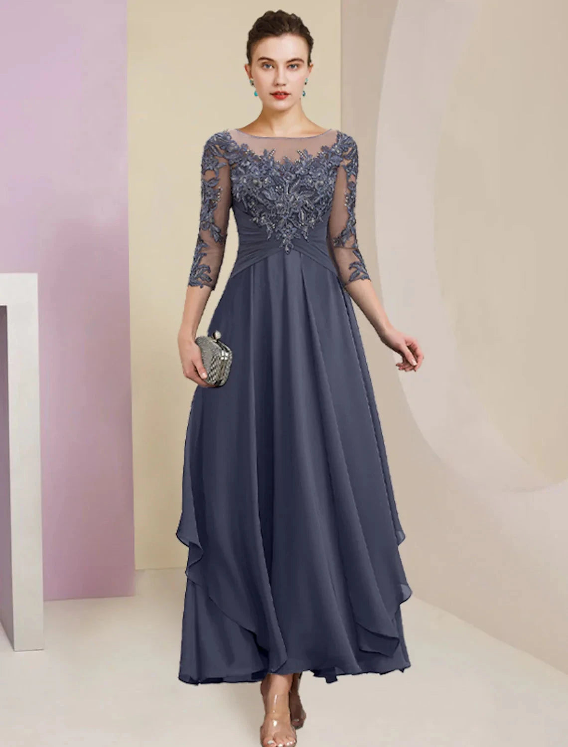 Sheath / Column Mother of the Bride Dress Wedding Guest Simple Elegant Jewel Neck Ankle Length Chiffon Lace 3/4 Length Sleeve with Pleats Sequin by YiHuiw