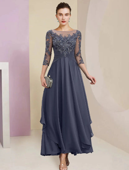 Sheath / Column Mother of the Bride Dress Wedding Guest Simple Elegant Jewel Neck Ankle Length Chiffon Lace 3/4 Length Sleeve with Pleats Sequin by YiHuiw