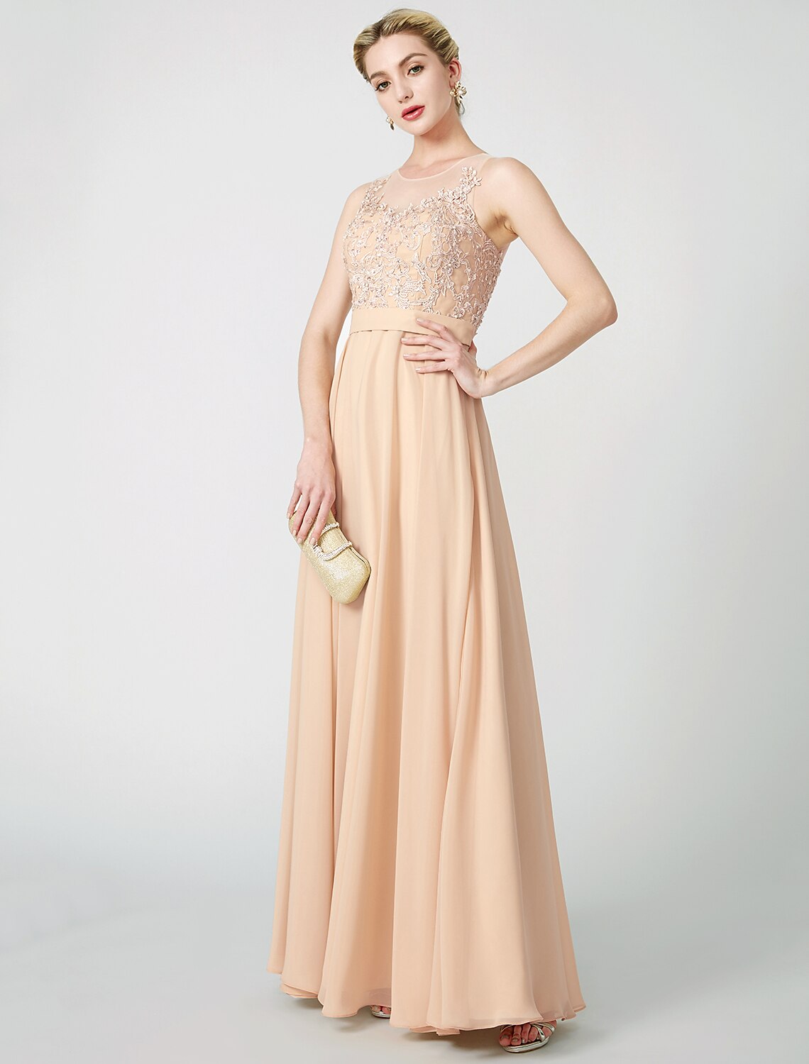A-Line Classic & Timeless Keyhole Pastel Colors Holiday Cocktail Party Prom Dress Illusion Neck Sleeveless Floor Length Chiffon Beaded Lace with Pleats Appliques by YiHuiw