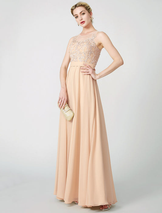 A-Line Classic & Timeless Keyhole Pastel Colors Holiday Cocktail Party Prom Dress Illusion Neck Sleeveless Floor Length Chiffon Beaded Lace with Pleats Appliques by YiHuiw