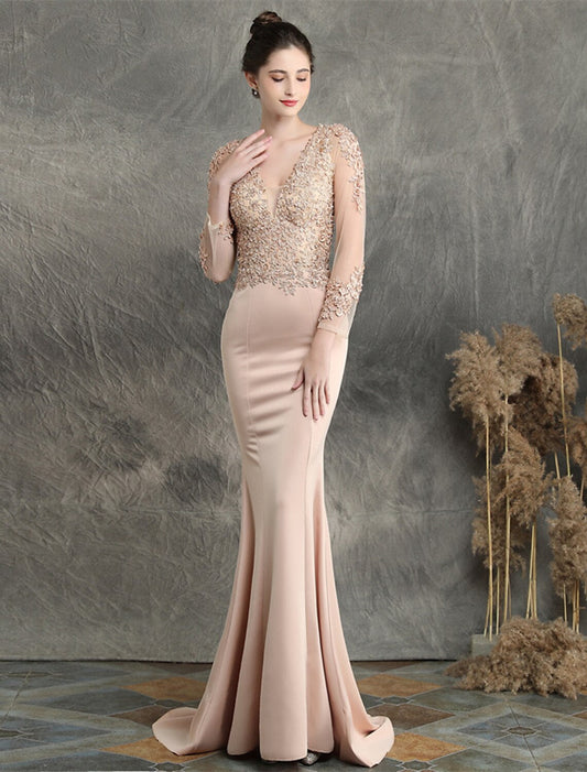 Mermaid / Trumpet Prom Dresses Elegant Dress Formal Wedding Guest Sweep / Brush Train Long Sleeve V Neck Cotton Blend with Beading Appliques by YiHuiw