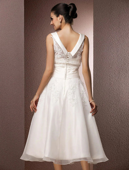 Hall Wedding Dresses A-Line Illusion Neck Sleeveless Tea Length Lace Bridal Gowns With Pearl Beading Summer Wedding Party Women's Clothing by YiHuiw