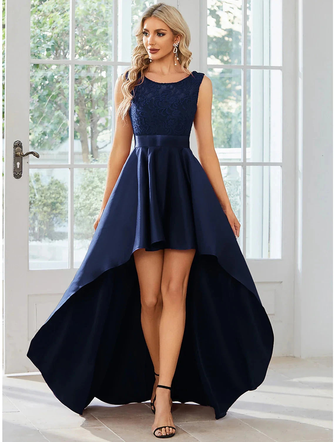 A-Line Wedding Guest Dresses Casual Dress Party Wear Asymmetrical Sleeveless Jewel Neck Satin with Pure Color by YiHuiw