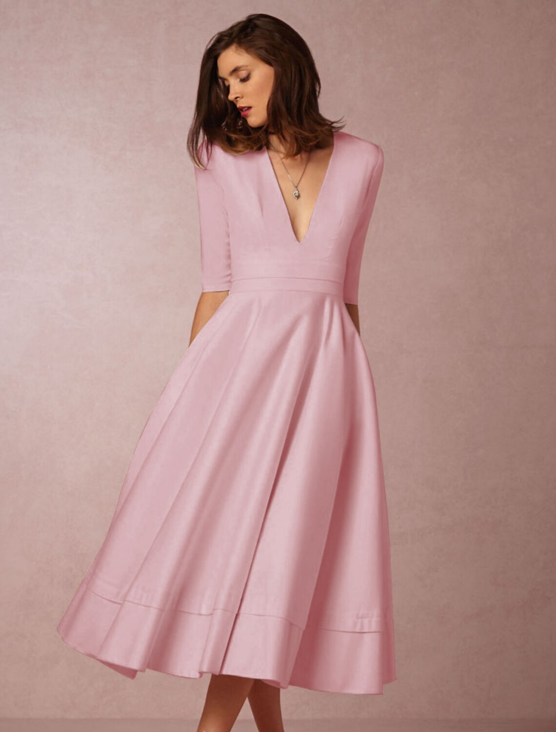 A-Line Special Occasion Dresses Party Dress Holiday Wedding Guest Tea Length Half Sleeve V Neck Pocket Jersey with Pleats White & Ivory ship in 48 hours by YiHuiw