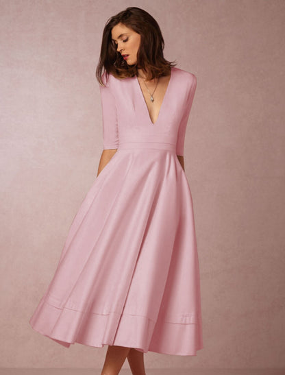 A-Line Special Occasion Dresses Party Dress Holiday Wedding Guest Tea Length Half Sleeve V Neck Pocket Jersey with Pleats White & Ivory ship in 48 hours by YiHuiw