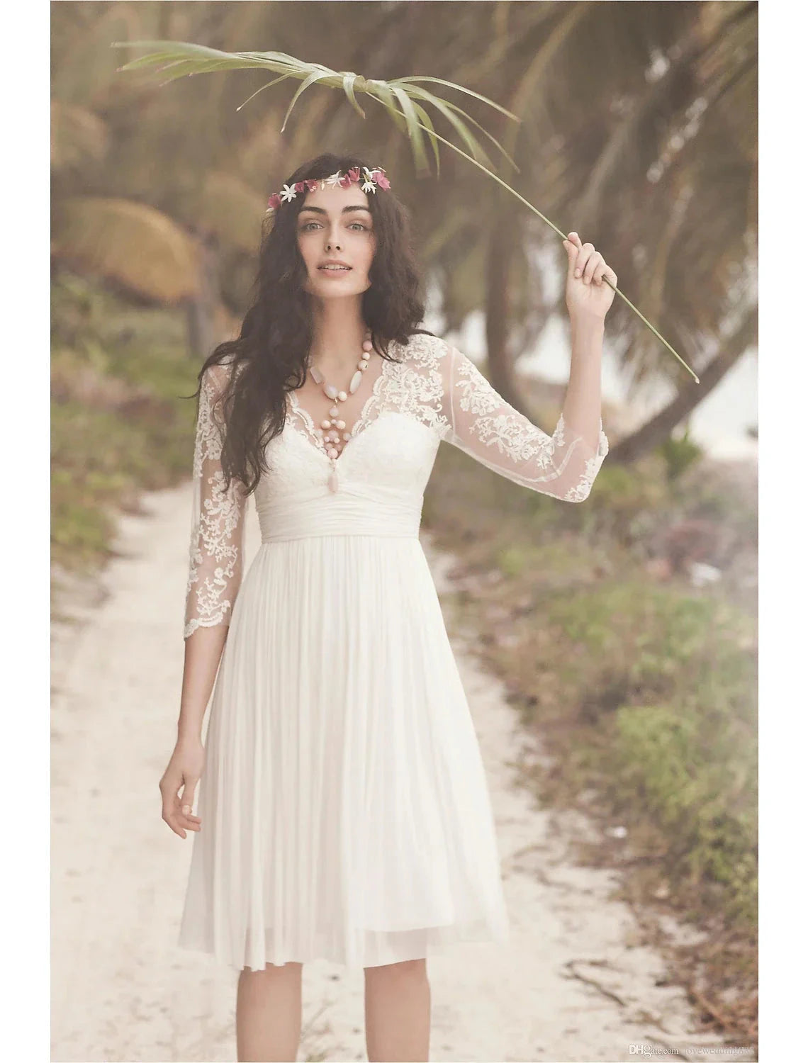 Reception Fall Wedding Dresses Open Back Little White Dresses A-Line V Neck 3/4 Length Sleeve Knee Length Chiffon Bridal Gowns With Ruched Summer Wedding Party Women‘s Clothing by YiHuiw