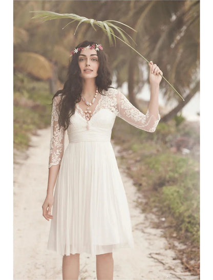 Reception Fall Wedding Dresses Open Back Little White Dresses A-Line V Neck 3/4 Length Sleeve Knee Length Chiffon Bridal Gowns With Ruched Summer Wedding Party Women‘s Clothing by YiHuiw