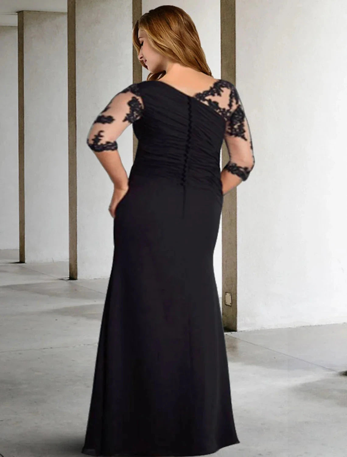 A-Line Mother of the Bride Dresses Plus Size Hide Belly Curve Elegant Fall Wedding Guest Dress Formal Floor Length Half Sleeve Jewel Neck Chiffon with Pleats Ruched Appliques by YiHuiw