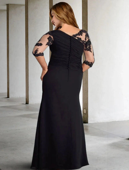 A-Line Mother of the Bride Dresses Plus Size Hide Belly Curve Elegant Fall Wedding Guest Dress Formal Floor Length Half Sleeve Jewel Neck Chiffon with Pleats Ruched Appliques by YiHuiw