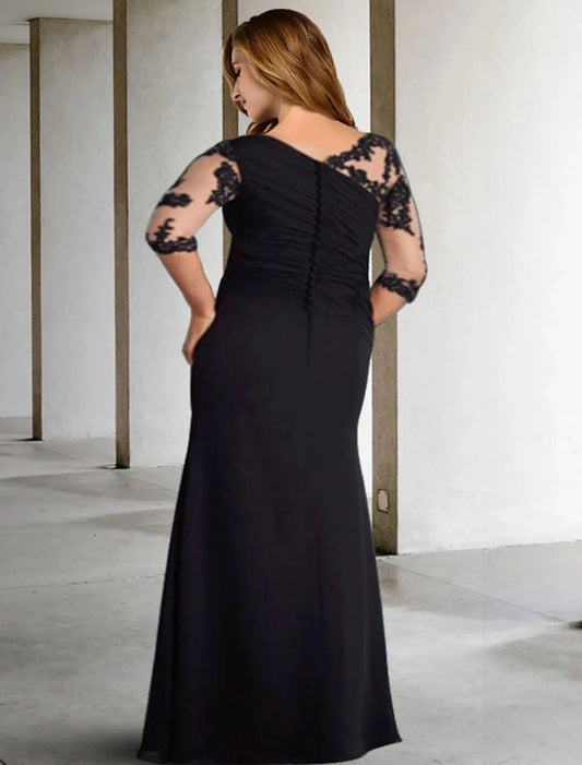 A-Line Mother of the Bride Dresses Plus Size Hide Belly Curve Elegant Fall Wedding Guest Dress Formal Floor Length Half Sleeve Jewel Neck Chiffon with Pleats Ruched Appliques by YiHuiw