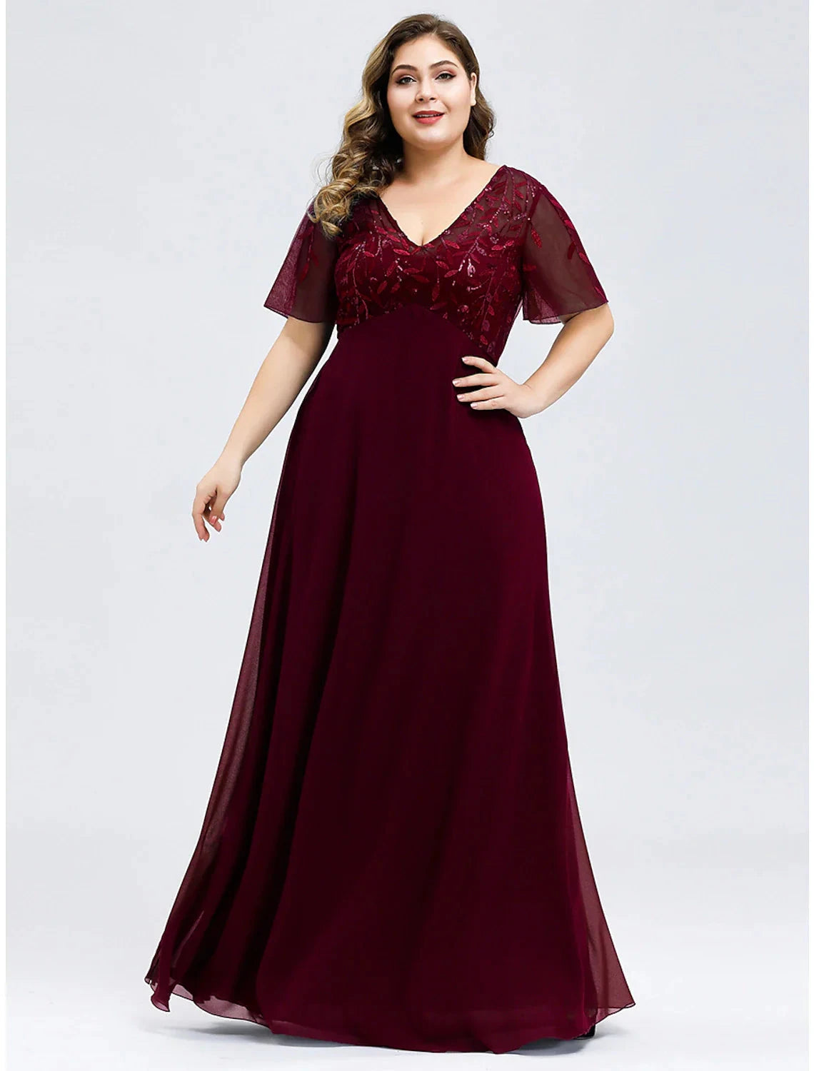 A-Line Wedding Guest Dresses Elegant Dress Fall Floor Length Short Sleeve V Neck Bridesmaid Dress Tulle with Sequin Appliques by YiHuiw