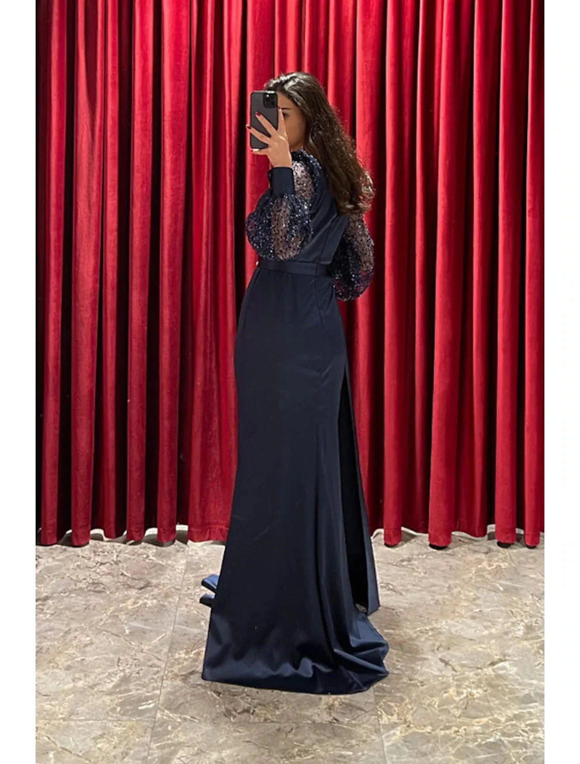A-Line Evening Gown Sparkle & Shine Dress Formal Fall Sweep / Brush Train Long Sleeve V Neck Sequined with Glitter Pleats by YiHuiw