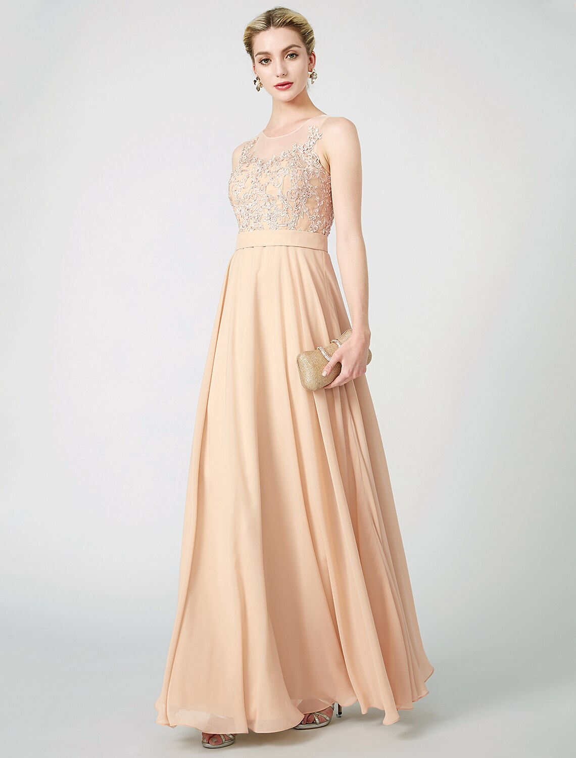 A-Line Classic & Timeless Keyhole Pastel Colors Holiday Cocktail Party Prom Dress Illusion Neck Sleeveless Floor Length Chiffon Beaded Lace with Pleats Appliques by YiHuiw