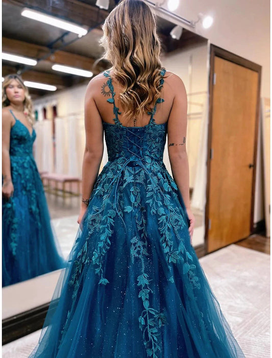 Ball Gown A-Line Prom Dresses Sparkle & Shine Dress Formal Floor Length Sleeveless V Neck Tulle Backless with Glitter Appliques Ball Gown A-Line Prom Dresses Sparkle & Shine Dress Formal Floor Length Sleeveless V Neck Tulle Backless with Glitter Appliques by YiHuiw